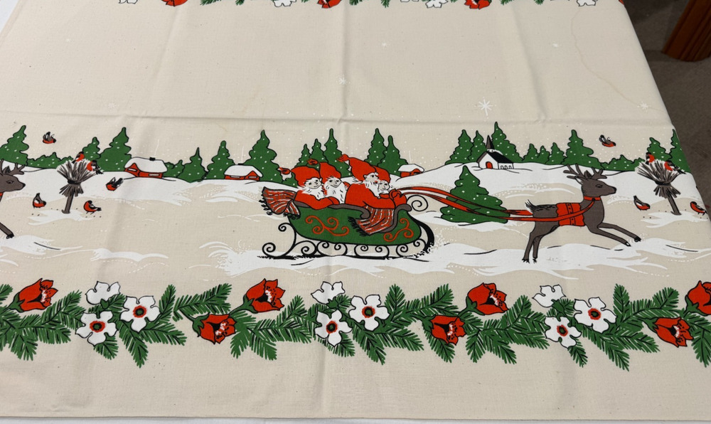 Vtg ALMEDAHLS Swedish Tablecloth Christmas Elves Sleigh Linen 51x69 Rectangle